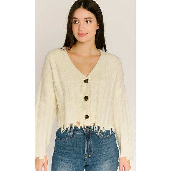 Altar'd State sweater cropped vanilla white cream 3 button up raw hem sleeves MD - Picture 1 of 10